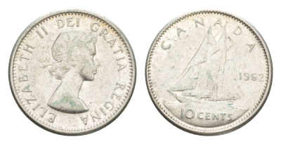 Канада 10 центов 1962 Елизавета II (1952-2022), парусник KM 51 серебро 4639-611
