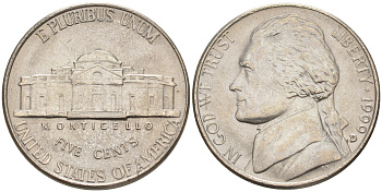 США 5 ЦЕНТОВ 1999 D ДЖЕФФЕРСОН KM A192 медно-никель 190-223