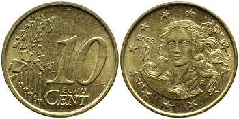 Италия 10 евроцентов 2005 KM 213 нордик 83-1817