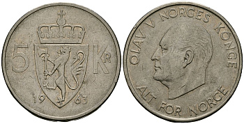Норвегия 5 крон 1963 Улаф V (1958-1991) KM 412 медно-никель 4389-914