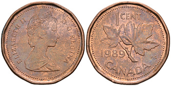 Канада 1 цент 1989 Елизавета II (1952-2022), кленовый лист KM 132 бронза    4147-319