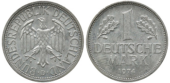 ФРГ 1 МАРКА 1974 D KM 110, J. 385 медно-никель aUNC 72-836