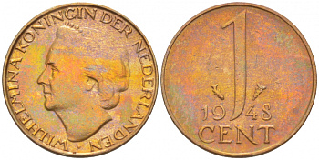 Нидерланды 1 цент 1948 Вильгельмина (1890-1948), год тип KM 175 бронза aUNC 214-743