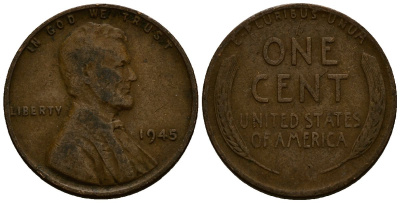 США 1 цент 1945 Линкольн KM A132 медь цинк 4164-843
