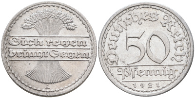 Германия 50 пфеннигов 1921 A KM 27, J.301, Weege 10 алюминий  UNC  4589-224