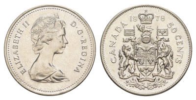 Канада 50 центов 1978 Елизавета II (1952-2022), герб KM 75.1 никель aUNC 4631-744