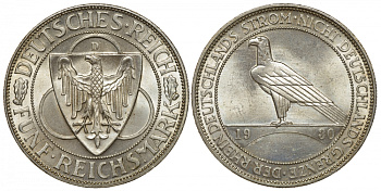 Германия 5 марок 1930 D, освобождение Рейнланда J. 346, KM 71 серебро UNC 00-000-00