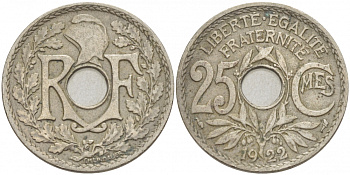 ФРАНЦИЯ 25 САНТИМОВ 1922 ТИП ЛИНДАЙЁ KM 867а, LE FRANC 171.6 медно-никель 4402-824