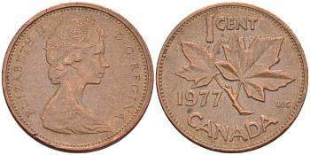 Канада 1 цент 1977 Елизавета II (1952-2022), кленовый лист KM 59.1 бронза 54-737