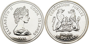 Острова Кука 10 долларов 1978 FM (U), 25 лет со дня коронации Елизаветы (1953-1978) KM 21 серебро UNC 02-104-22