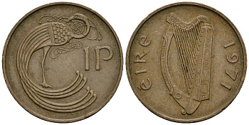 Ирландия 1 пенни 1971 мифологическая птица лира KM 20 бронза 4138-853
