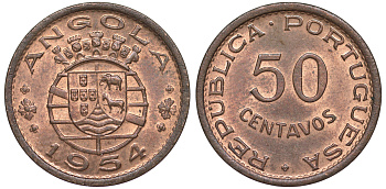 Португальская Ангола 50 сентаво 1954 KM 75 бронза aUNC 4114-511