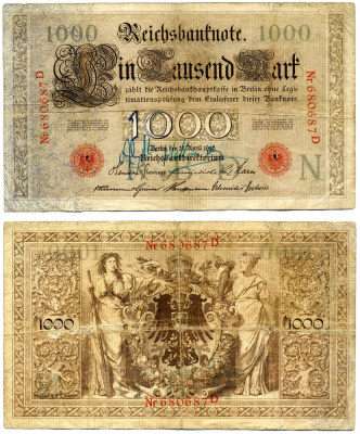 Германия 1000 марок 1910 21 апреля 1910, Буква Т, номер шестизначный, серия D, выпуск (1915-1917) Pick 44, Розенберг 45а бумага 8618-6-1-2