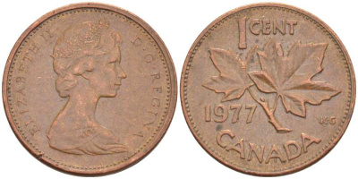 Канада 1 цент 1977 Елизавета II (1952-2022), кленовый лист KM 59.1 бронза 54-737