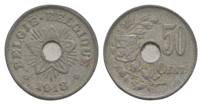 Бельгия 50 сантимов 1918 германская оккупация Первая мировая война, Альберт I (1909-1934) KM 83 цинк 4156-1111