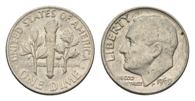 США 10 центов (дайм) 1969 Рузвельт KM 195a медь плакированная медно-никелем 4674-539