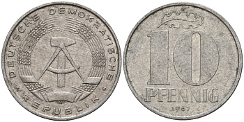 ГДР 10 пфеннигов 1967 A KM 10 алюминий 28-347