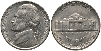 США 5 центов 1983 D, президент Джеферсон KM А192 медно-никель 181-116