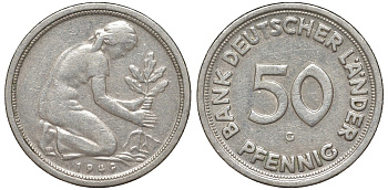 ФРГ 50 пфеннигов 1949 G KM 104, J. 379 медно-никель 4132-633