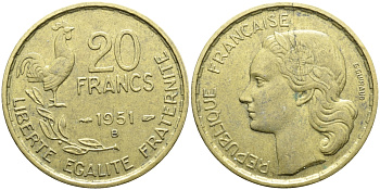ФРАНЦИЯ 20 ФРАНКОВ 1951 B, ПЕТУХ, 4 ПЕРА KM 917.2, LE FRANC 402.8 алюминиевая бронза 4393-1157
