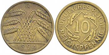 ГЕРМАНИЯ 10 РЕЙХСПФЕННИГОВ 1924 A KM 40, J. 317, Weege 9 алюминиевая бронза 212-745