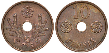 Финляндия 10 пенни 1941 KM 33.1 медь 51-3454