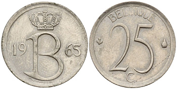 Бельгия 25 сантимов 1965 Belgique, Бодуэн I (1951-1993) KM 153.1 медно-никель 4152-419