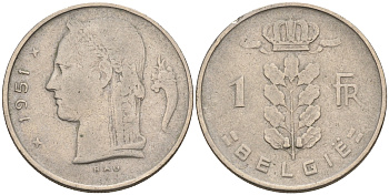БЕЛЬГИЯ 1 ФРАНК 1951 BELGIE KM 143.1 медно-никель 4563-1157