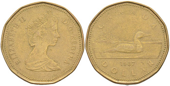 Канада 1 доллар 1987 утка, Елизавета II KM 157 никель плакированный алюминиевой бронзой 63-451