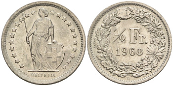 Швейцария 1/2 франка 1968 B KM 23a медно-никель 4608-528