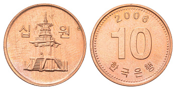 Южная Корея 10 вон 2006 KM 103 алюминий плакированная медью UNC 4617-454