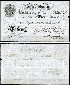 Англия 20 фунтов 1936 Лондон, 20 июля, Операция "Бернхард", фальшивка в ущерб денежному обращению PW № RB173, Pick 337 a  бумага   444-126-1-1