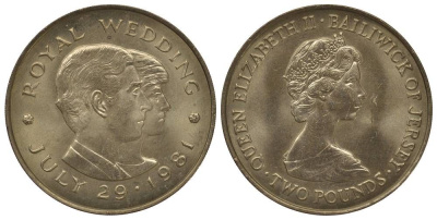 Джерси 2 фунта 1981 королевская свадьба принца Чарльза и леди Дианы Спенсер, 29 июля 1981 года KM 52 медно-никель UNC 1078-3-31