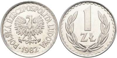 Польша 1 злотый 1982 MW, Народная Республика KM 49.1, Parchimowicz 213u алюминий UNC 4182-644