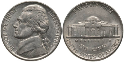 США 5 центов 1983 D, президент Джеферсон KM А192 медно-никель 181-116