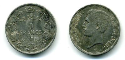 БЕЛЬГИЯ 5 ФРАНКОВ 1930 BELGES KM 97.1 никель 179-244