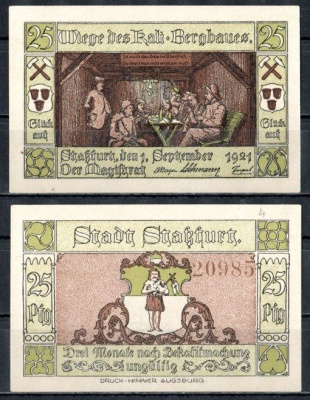 Штасфурт (Пруссия, Саксония) 25 пфеннигов 1921 Mehl Grabowski 1256.2b-1/6 бумага UNC (пресс) 7556-67-1-1