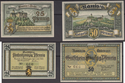Ранис полный набор из 2 нотгельдов (25 и 50 пфеннигов) 1921 DeNG 2 1096.1 бумага UNC (пресс) 7556-15-3-1