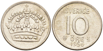 Швеция 10 эре 1956 Густав VI Адольф (1950-1973) KM 823 серебро 4585-338