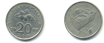 Малайзия 20 сенов 2008 цветок KM 52 медно-никель 176-1023