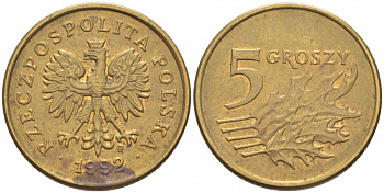 Польша 5 грошей 1992 MW KM 278 латунь 112-1163