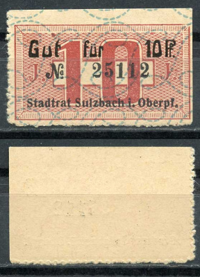 Германия, Зульцбах 10 пфеннигов ND нотгельд, тип марки Tieste 7235.05.01 бумага UNC (пресс) 8614-49-1-2