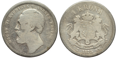 Швеция 1 крона 1875 ST, Оскар II (1872-1907) король Швеции и Норвегии KM 741 серебро 1528-821