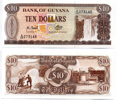 Гайана 10 долларов ND (1966-1992) водопад Кайетур Pick 23 f  бумага  UNC (пресс) 00-00