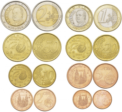 Испания полный евронабор из 8 монет 2002 1, 2, 5, 10, 20, 50 евроцентов, 1 и 2 евро KM 1040, 1041, 1042, 1070, 1071, 1072, 1073, 1074 4685-141-148