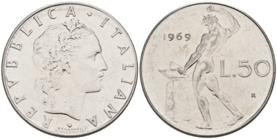 Италия 50 лир 1969 R, Бог огня Вулкан у наковальни KM 95.1 нержавеющая сталь 4571-524
