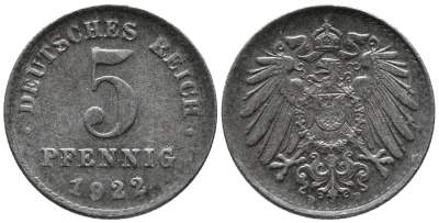 ГЕРМАНИЯ 5 ПФЕННИГОВ 1922 D KM 19, J. 297 железо 39-312