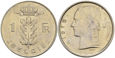Бельгия 1 франк 1975 Belgie, Бодуэн I (1951-1993) KM 143.1 медно-никель 4546-423