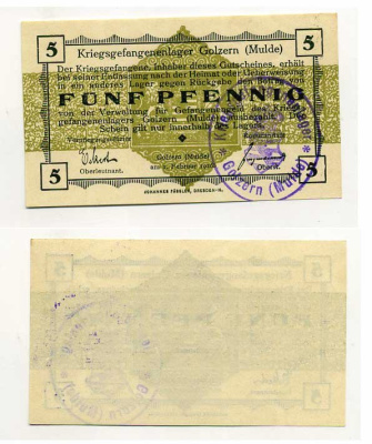 Германия 5 пфеннигов 1916 Голцерн (Мюльде), лагерь военнопленных C-3012 бумага UNC (пресс) 504-77-3-1