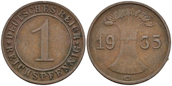 Германия 1 рейхспфенниг 1935 G KM 37, J. 313 бронза 4516-1214